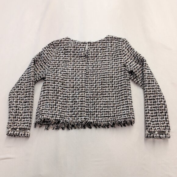 Zara Black & White Tweed Pearl-Cuff Crew Sweater Size S - Picture 3 of 9